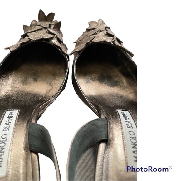 Manolo Blanik brown metallic pointed toe sling back high heels floral appliqués - Picture 3 of 9